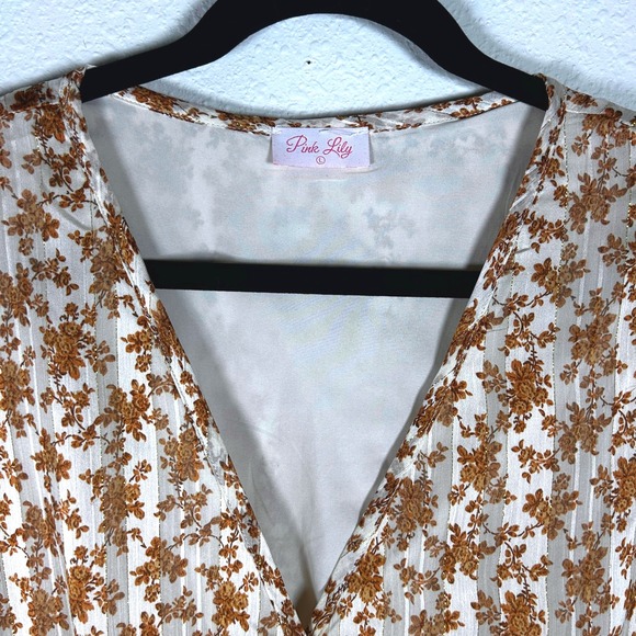 Pink Lily Floral Long Sleeve Midi Dress V Neck Ruffle Cuffs Women's - Picture 7 of 11